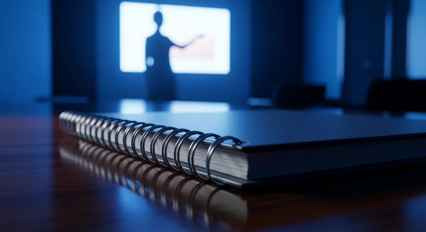 Close-up of the metal spiral binding on a notebook on a desk at dusk, with the silhouette of a person presenting in the background.