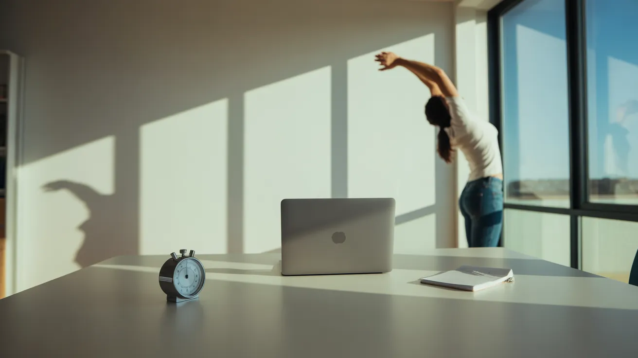 A woman stretches during a work break in a sunlit home office with an ultra-wide perspective. An analog timer sits on the desk.