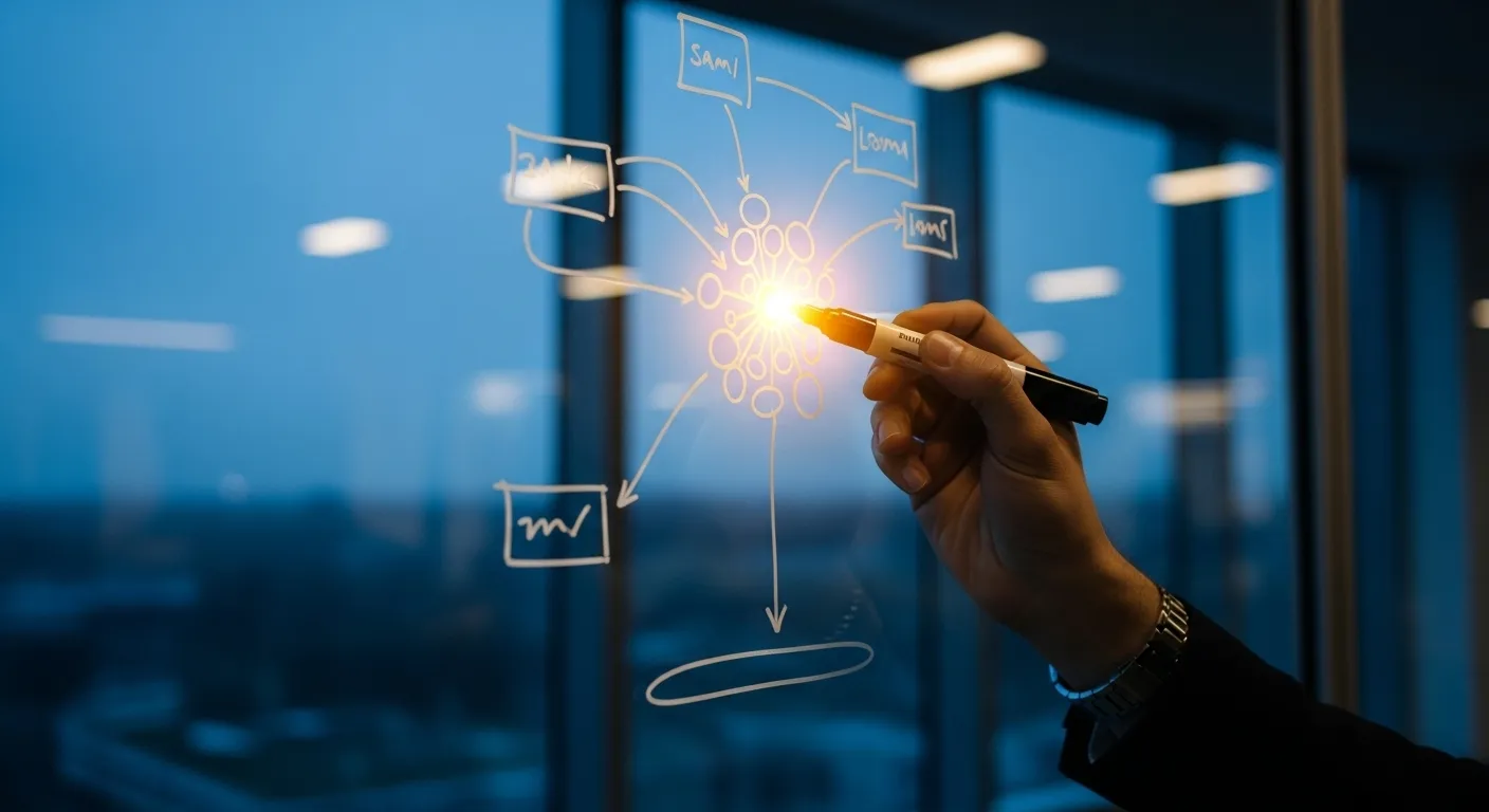 Close-up on a hand holding a marker to a single highlighted area on a glass whiteboard in a dimly lit office at dusk.