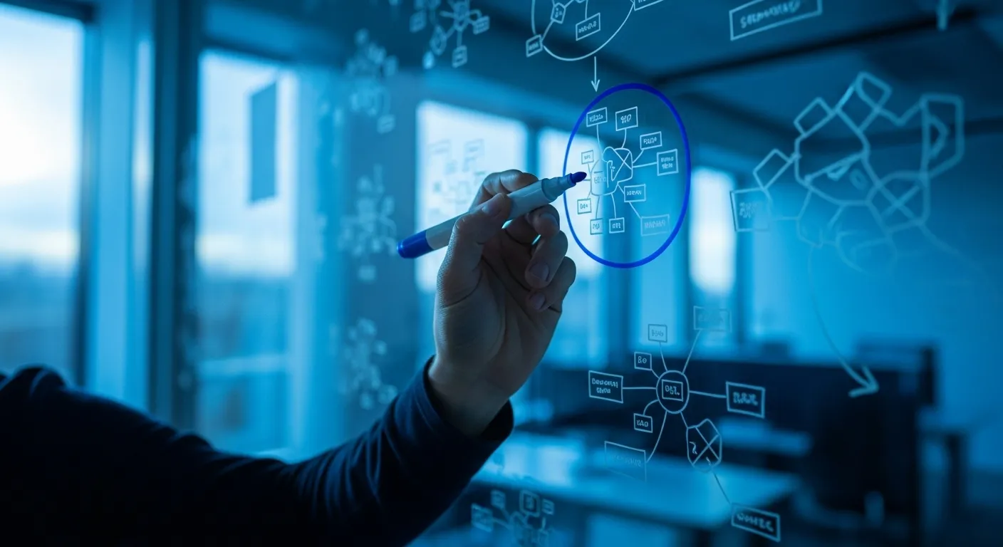 A close-up of a hand circling one key idea on a crowded whiteboard, symbolizing the act of prioritizing goals in a business setting.