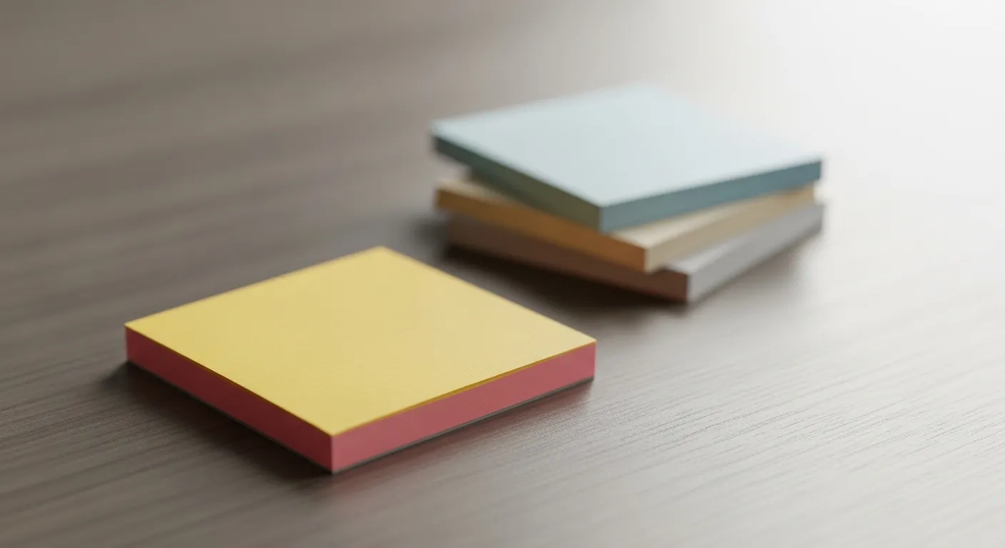 A single sticky note is pulled forward and in focus, with a colorful stack of other sticky notes blurred in the background on a clean desk.