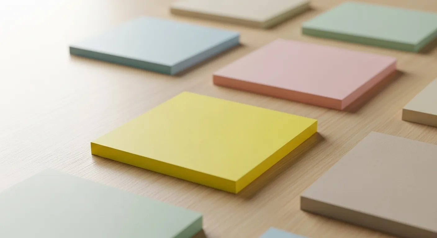 One bright yellow sticky note is isolated from a cluster of other muted color notes on a wooden surface, symbolizing prioritization.
