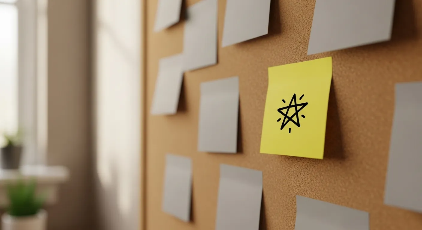 A single bright yellow sticky note with a star icon stands out on a corkboard among several muted gray notes, symbolizing a primary goal.
