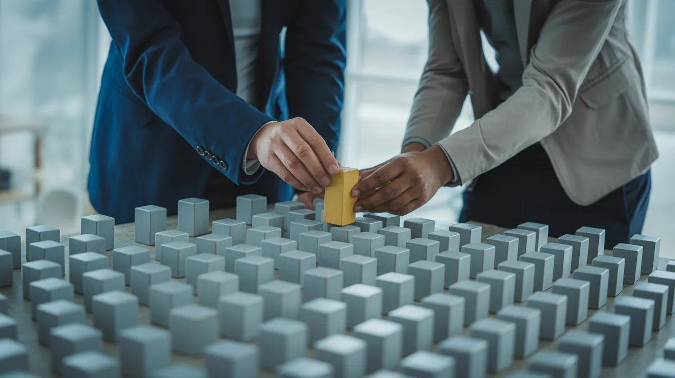 A man and a woman in a bright office stand over a table of gray blocks, together holding up one single yellow block.
