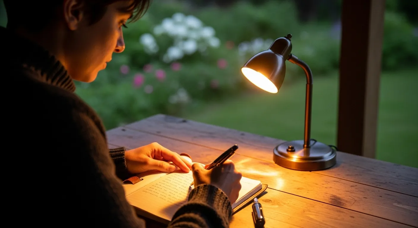Close-up on a person's hands writing in a notebook under the warm glow of a desk lamp on an outdoor patio in the evening.