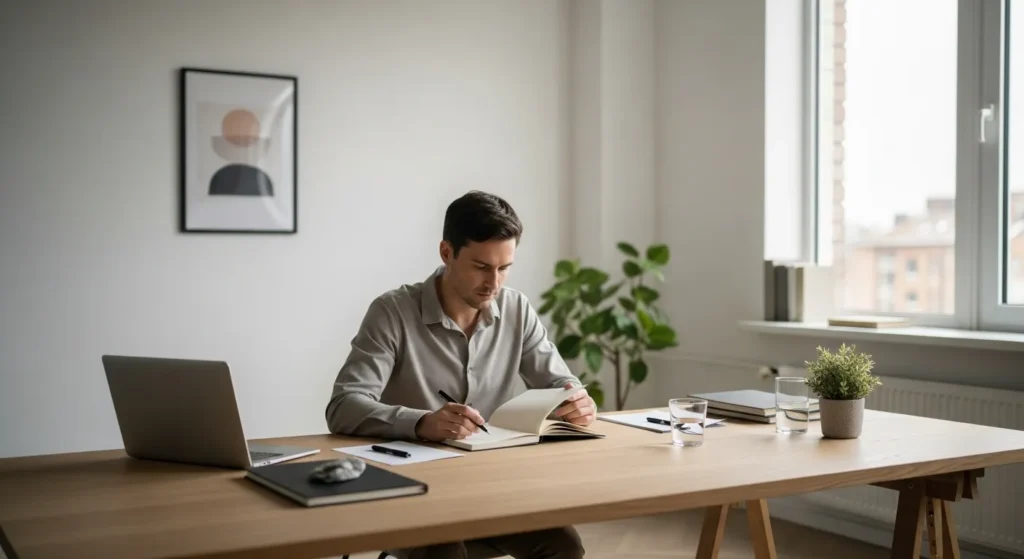 A professional sits at a spacious, organized desk in a sunlit office, focused on a single open notebook next to their laptop.