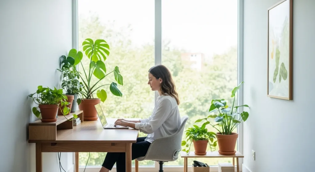 A person works at a clean, modern desk in a sunlit home office, with green plants and an organized workspace creating a calm environment.