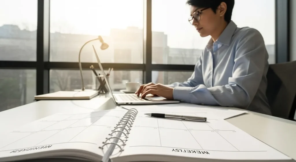 A professional works on a laptop at a sunlit desk, with a large, open planner in the foreground, creating an organized and productive atmosphere.