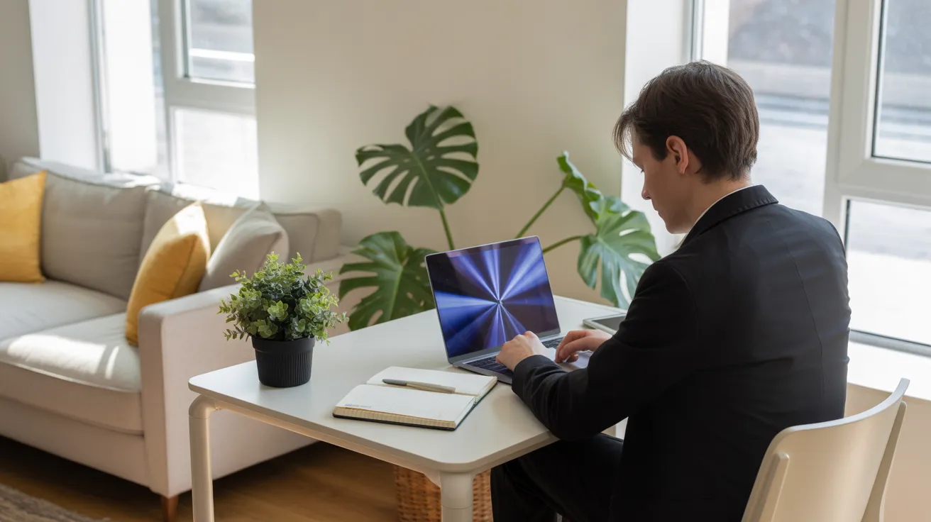 A person works at a tidy desk with a laptop in a designated productivity corner of a bright, modern living room.