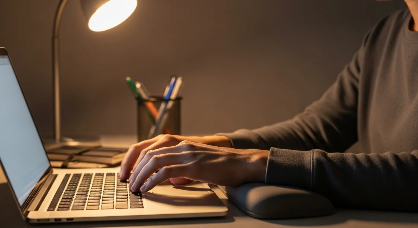 Close-up of hands on a laptop and wrist rest at a neat desk, lit by a warm lamp at night.