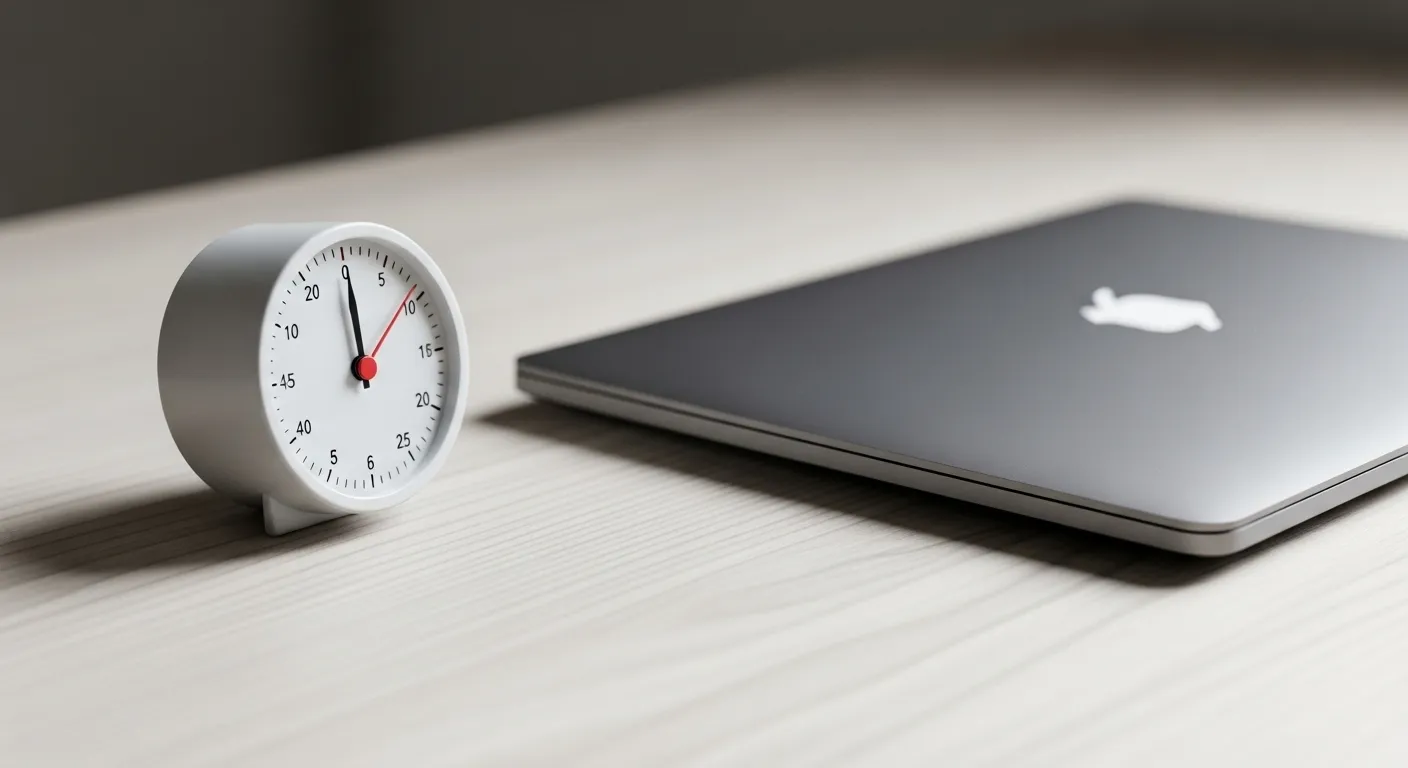 A white analog kitchen timer sits on a desk beside a closed laptop, suggesting a timed, focused work session.