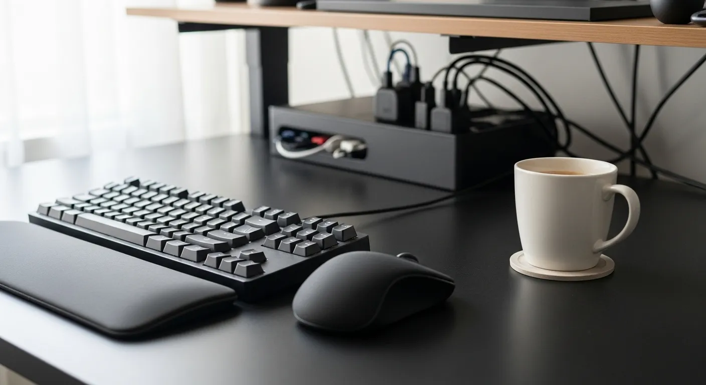 A clean desk setup featuring a keyboard, ergonomic wrist rest, and a mug, with organized cables visible in the background.