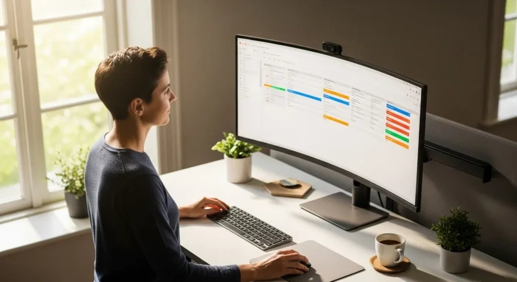 A person at an organized standing desk with a large monitor displaying a blurred project management interface.