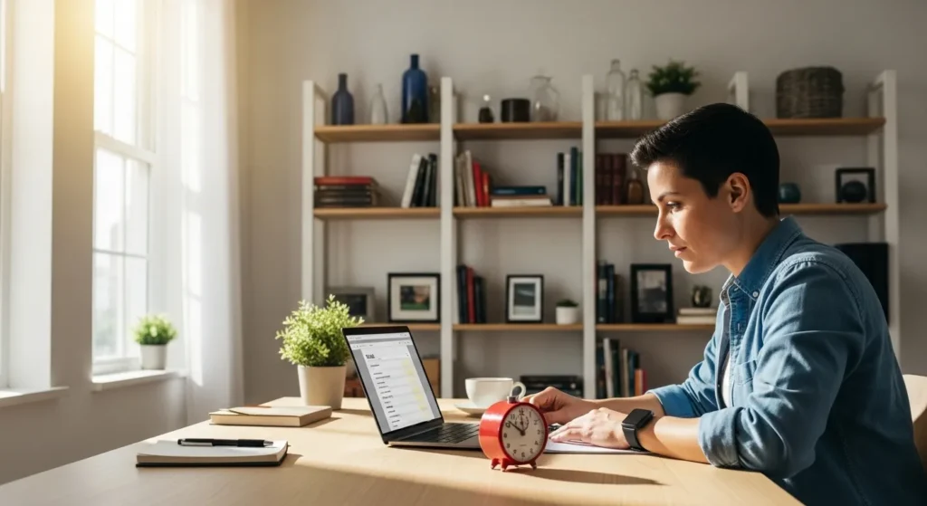 A person sits at a sunlit, organized desk in a modern home office, looking at an analog timer next to their laptop before starting work.