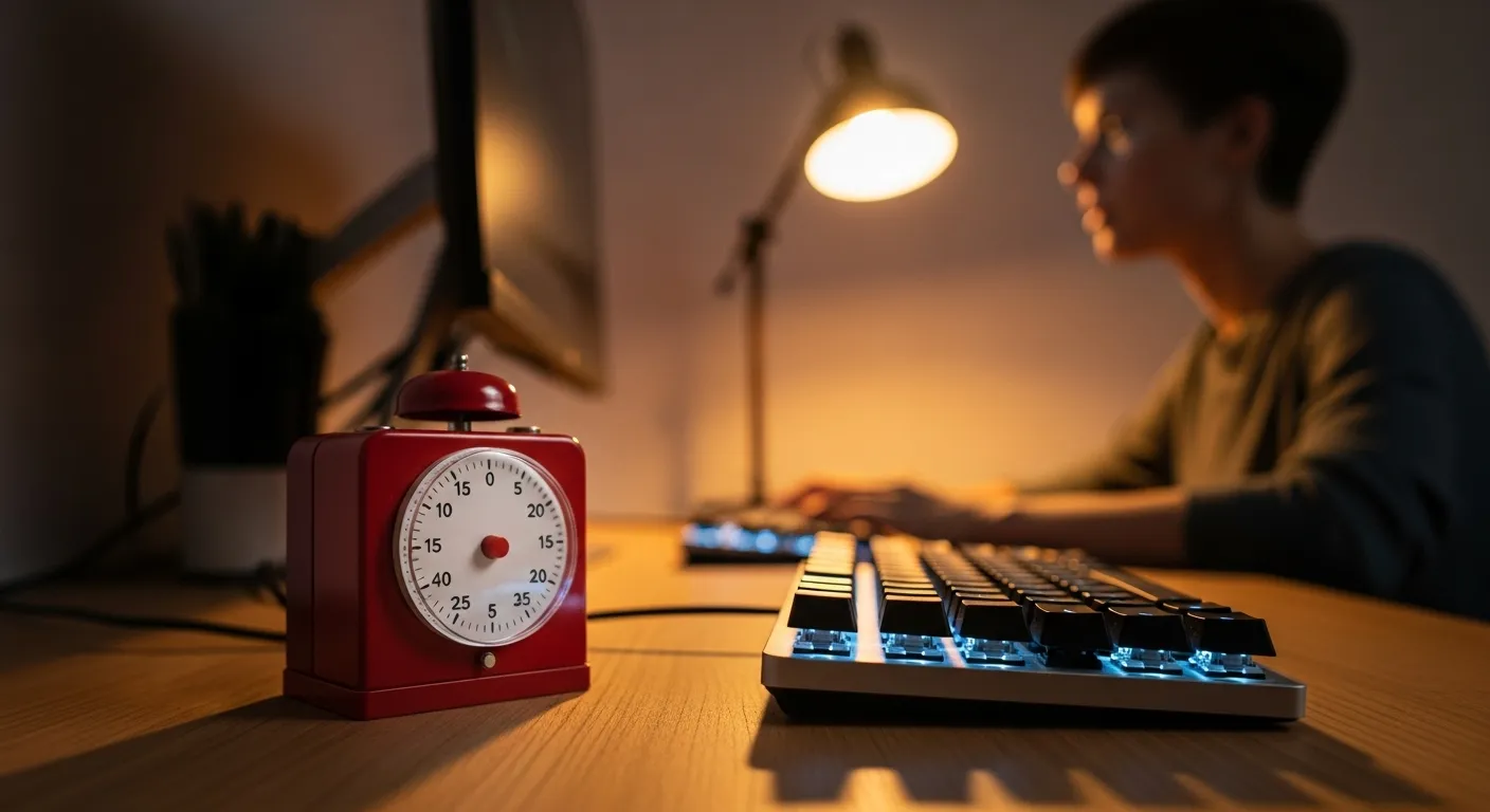 An analog timer on a desk is in sharp focus, with the blurred silhouette of a person working at the desk visible in the background under warm lamp lig