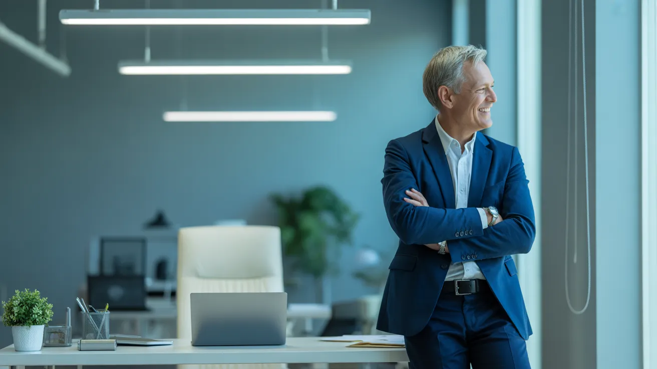 A person stands smiling in a tidy, modern office with cool overhead lighting, having finished their work for a deep focus session.
