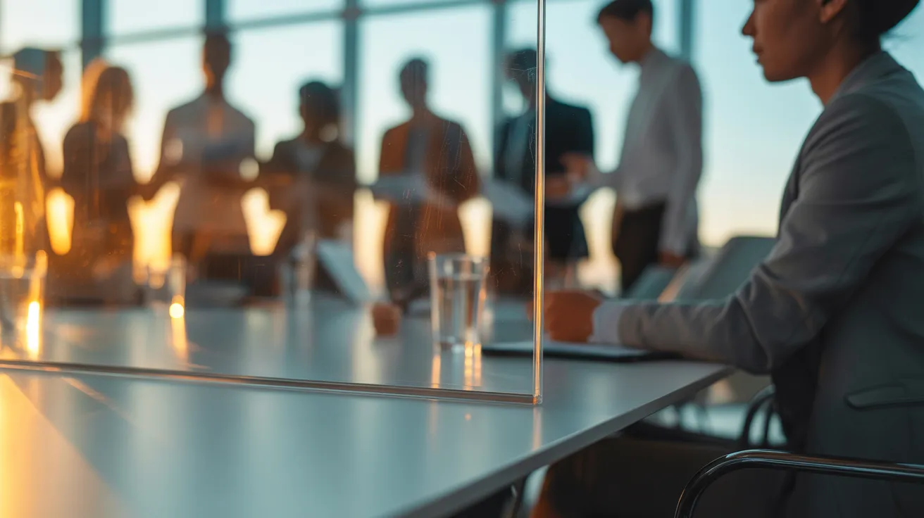 A glass partition on a desk separates a focused individual from a group discussion in a meeting room, lit by warm sunset light.