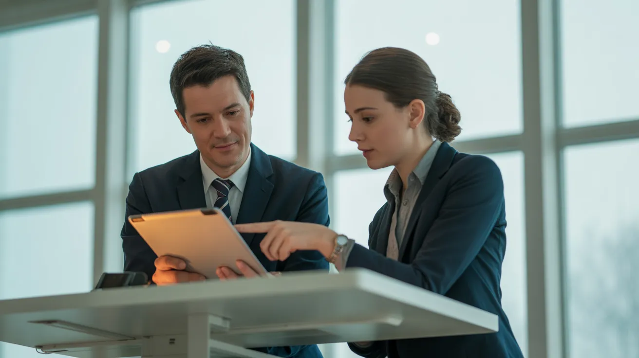 A man and a woman stand at a high desk in a contemporary office, looking at a tablet together during an overcast day.
