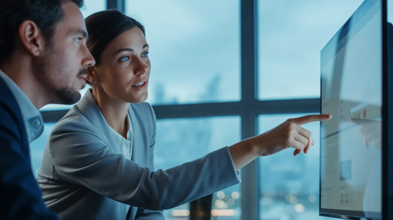 A man and woman in a modern office looking at a computer screen together, which displays an abstract user interface.
