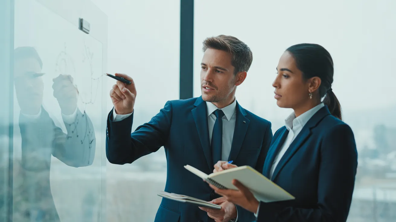 A man and a woman in business casual attire discuss a diagram on a glass whiteboard in a bright, modern co-working space.