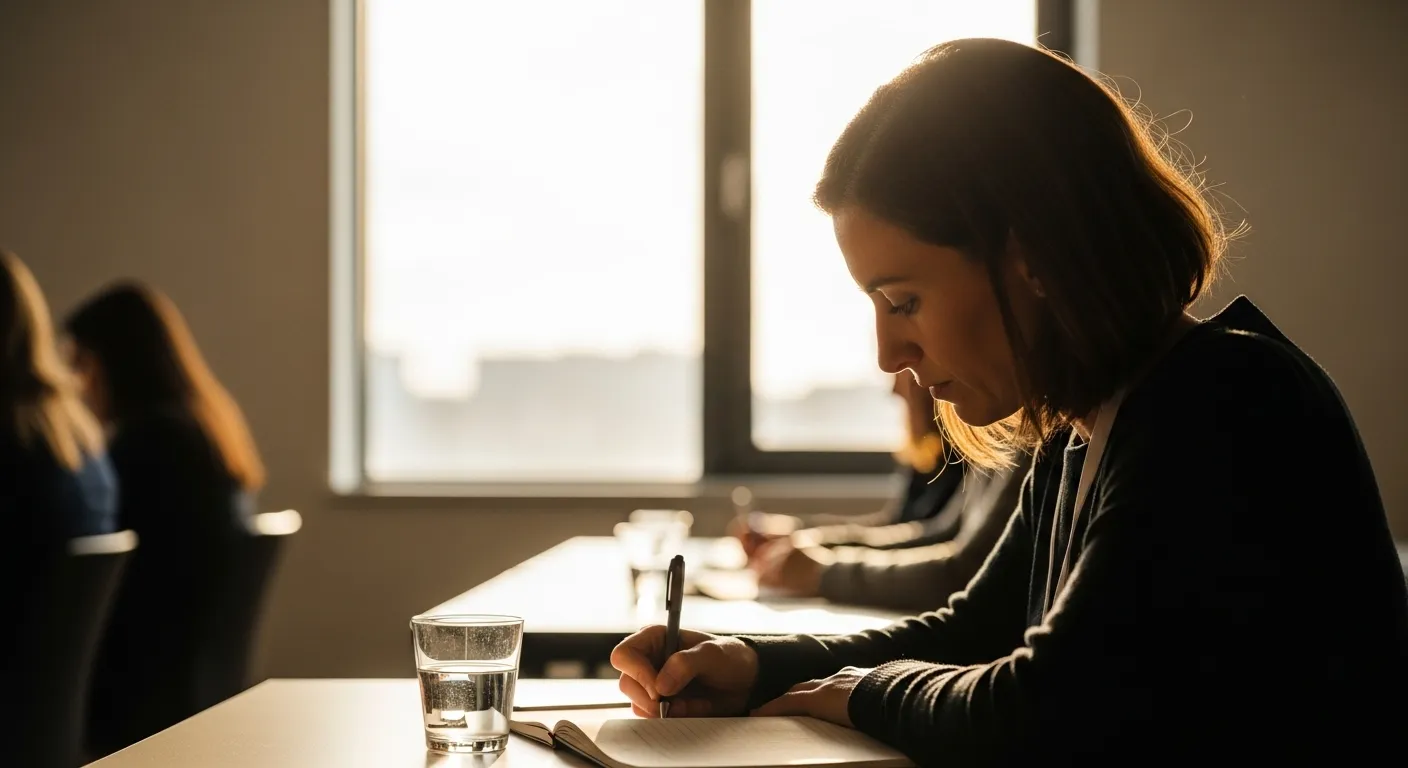 A person sits at a conference table, backlit by a bright window, taking notes in a journal during a workshop.
