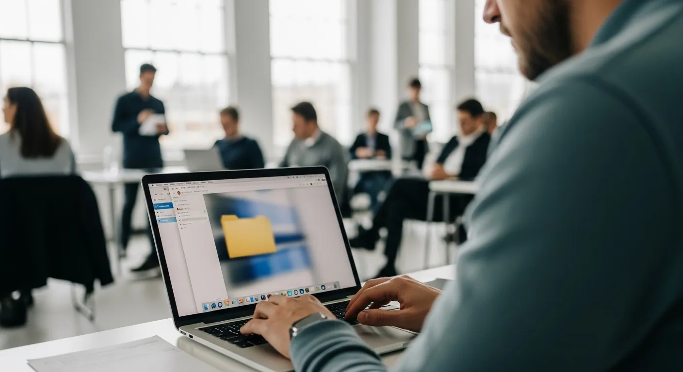 A person types on a laptop during a professional workshop, with a blurred file organization system visible on the screen.