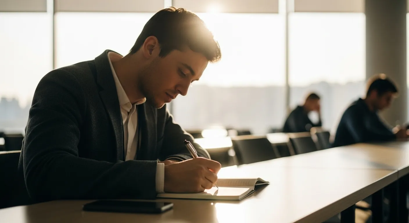 A person sits at a table in a seminar room, writing in a notebook, with their phone turned over beside them.