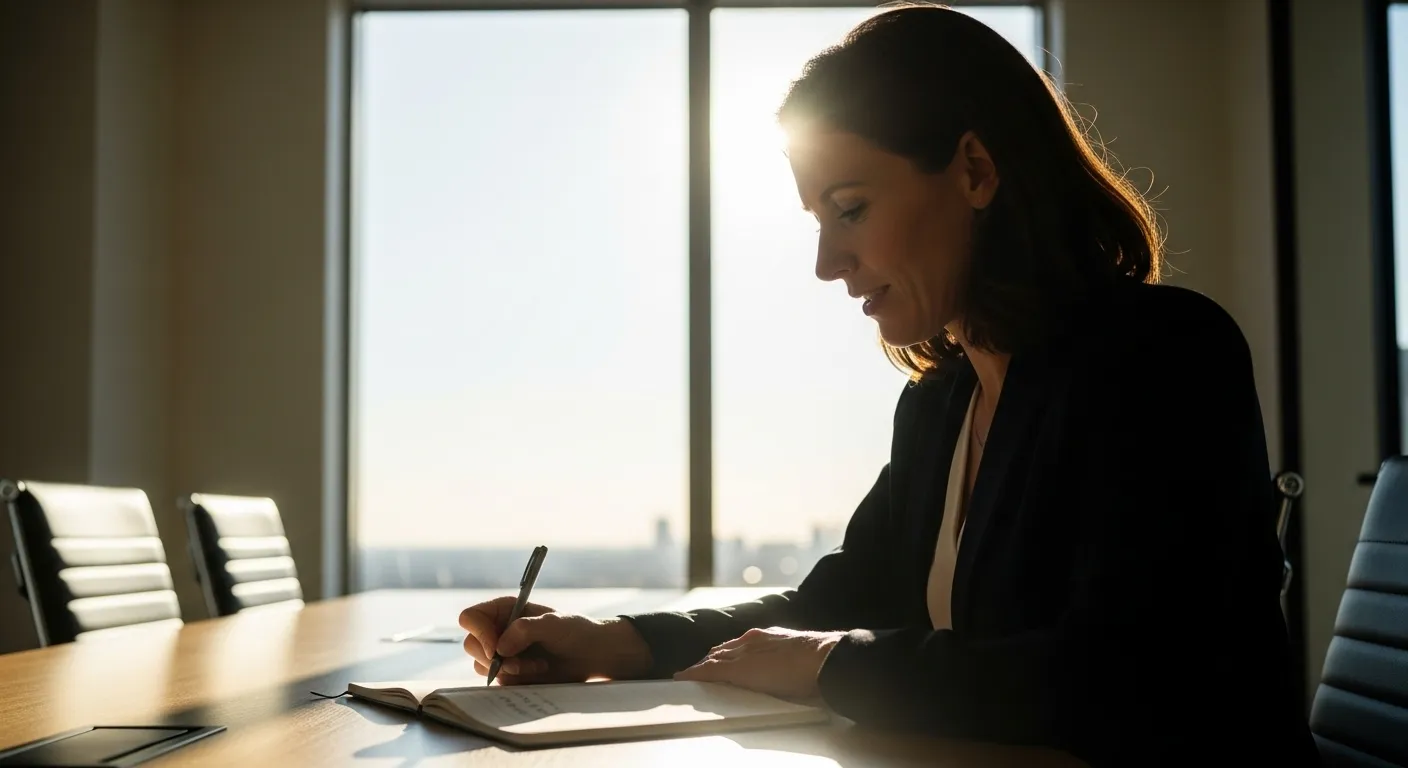 A woman with her hair tied back sits at a table in a bright seminar room, taking notes in a spiral notebook with a black pen.