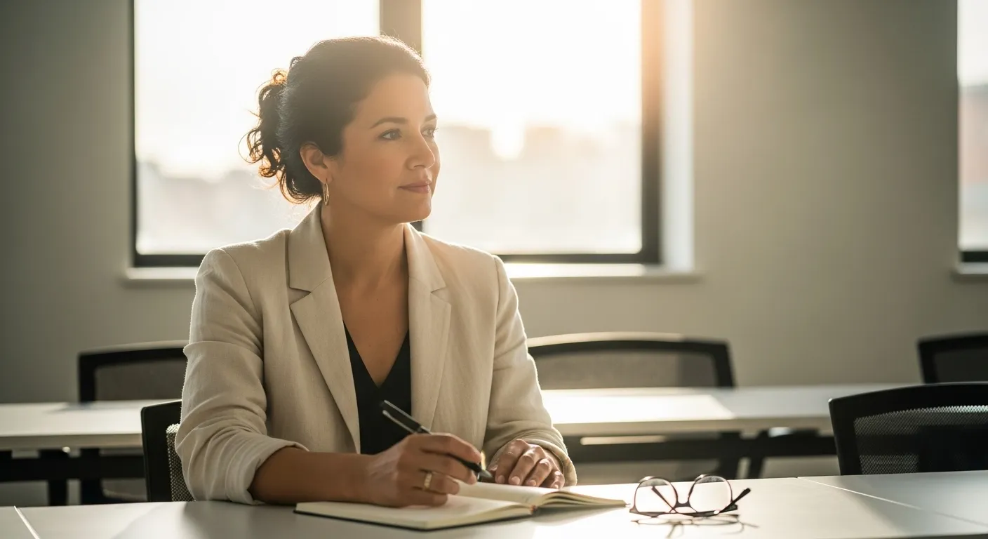 A woman with glasses sits at a table in a seminar, backlit by a bright window. She pauses while writing in a notebook, looking thoughtfully to the sid
