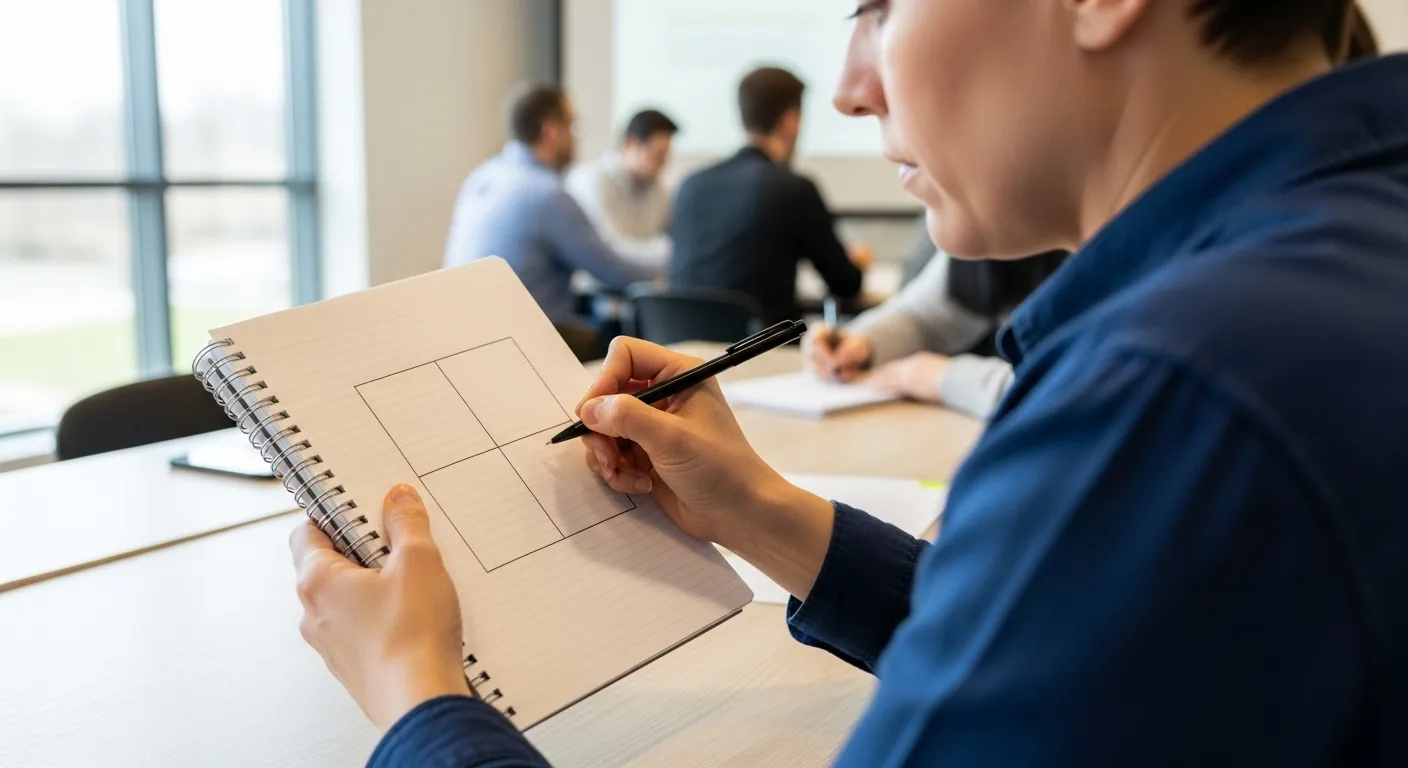 An over-the-shoulder view of a person drawing a four-quadrant matrix in a notebook with a pen during a professional seminar.