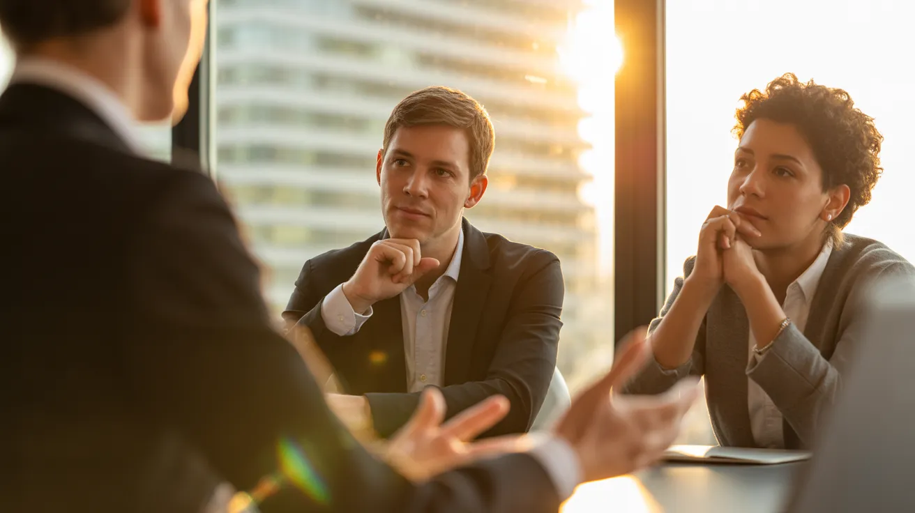 A close-up view from behind a presenter's shoulder, showing the attentive faces of diverse coworkers during a meeting in a sunlit room.