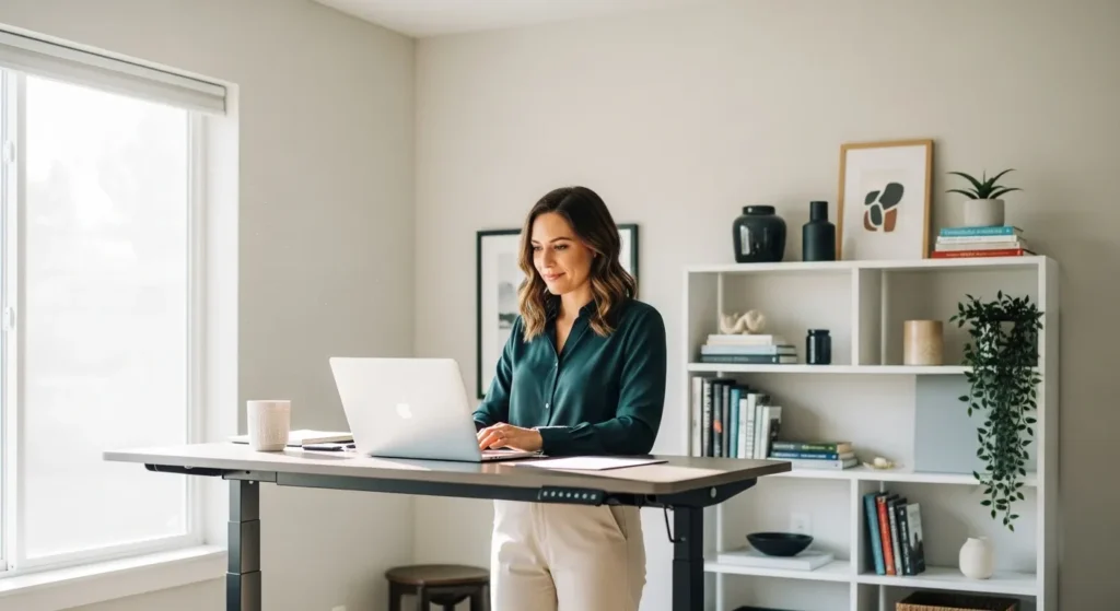 A woman in her 30s stands working at a laptop in a bright, modern home office with a large window.