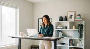 A woman in her 30s stands working at a laptop in a bright, modern home office with a large window.