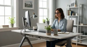A woman works at a clean, organized desk in a well-lit home office with a large window providing natural light.