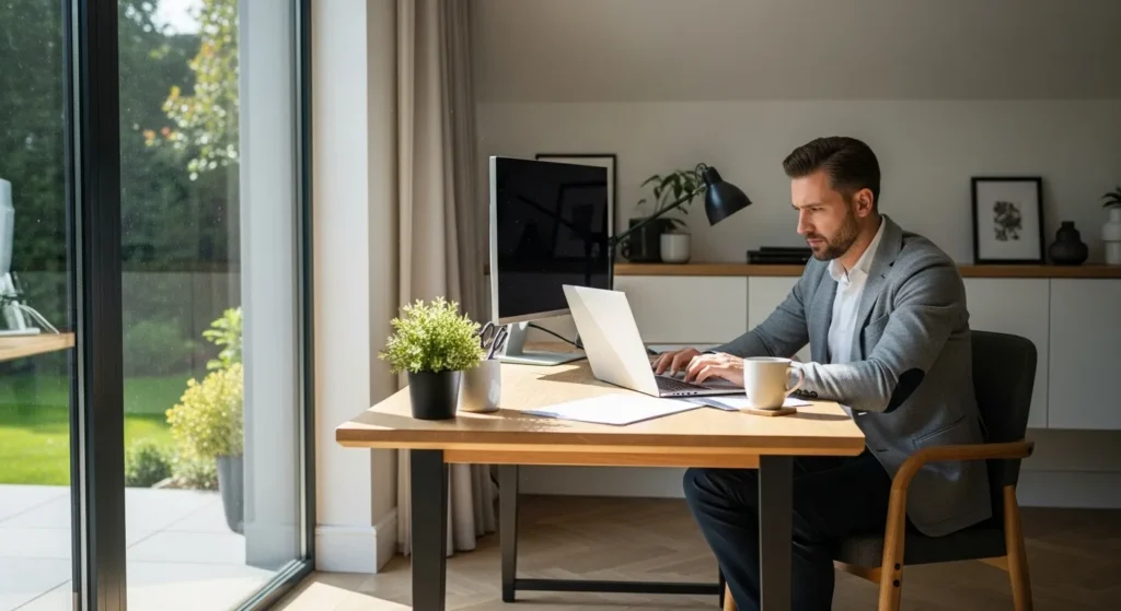 A person sits at a tidy desk in a sunlit home office, focused on their laptop screen. The wide view shows a clean and modern room.