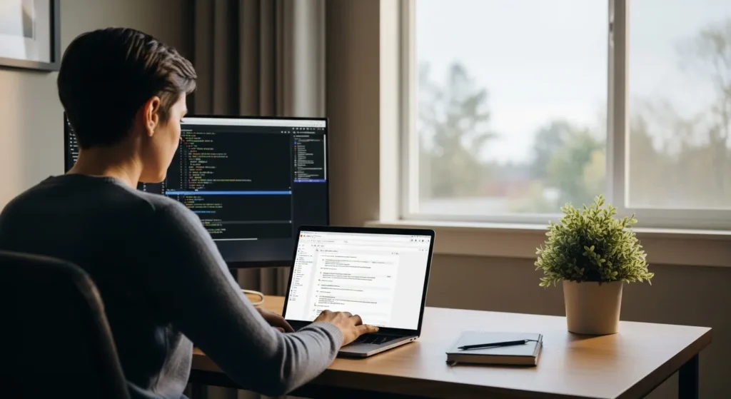 A person sits in profile at a clean, modern desk by a window, focused on a laptop screen with a blurred user interface.