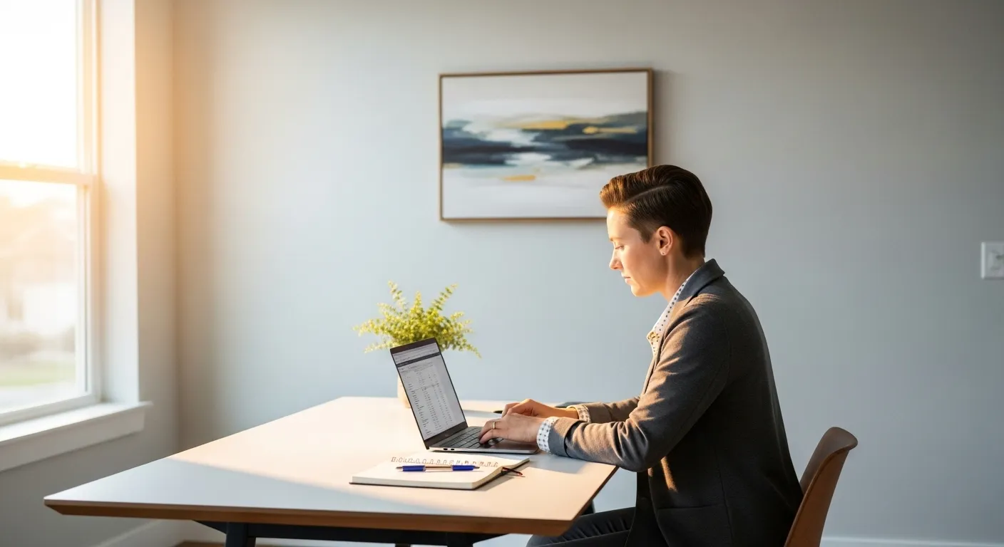 A person works at a clean, organized desk by a window, illuminated by natural daylight in a minimalist home office.