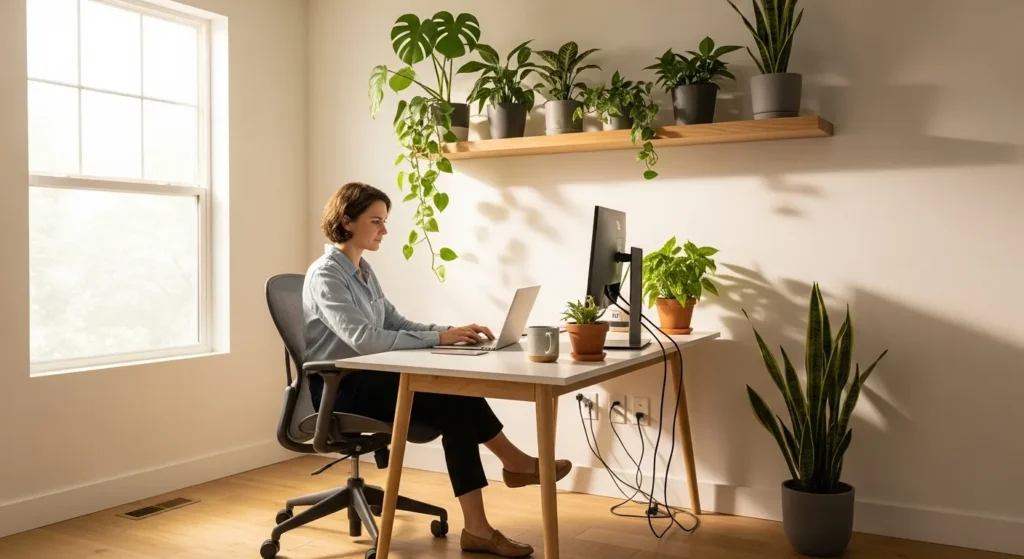 A person in an ergonomic chair works on a laptop in a bright, organized home office with plants, embodying a productive setup.