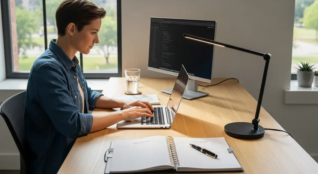 A person works on a laptop at a sunlit, tidy desk, with an open, mostly empty planner in the foreground.