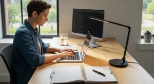 A person works on a laptop at a sunlit, tidy desk, with an open, mostly empty planner in the foreground.