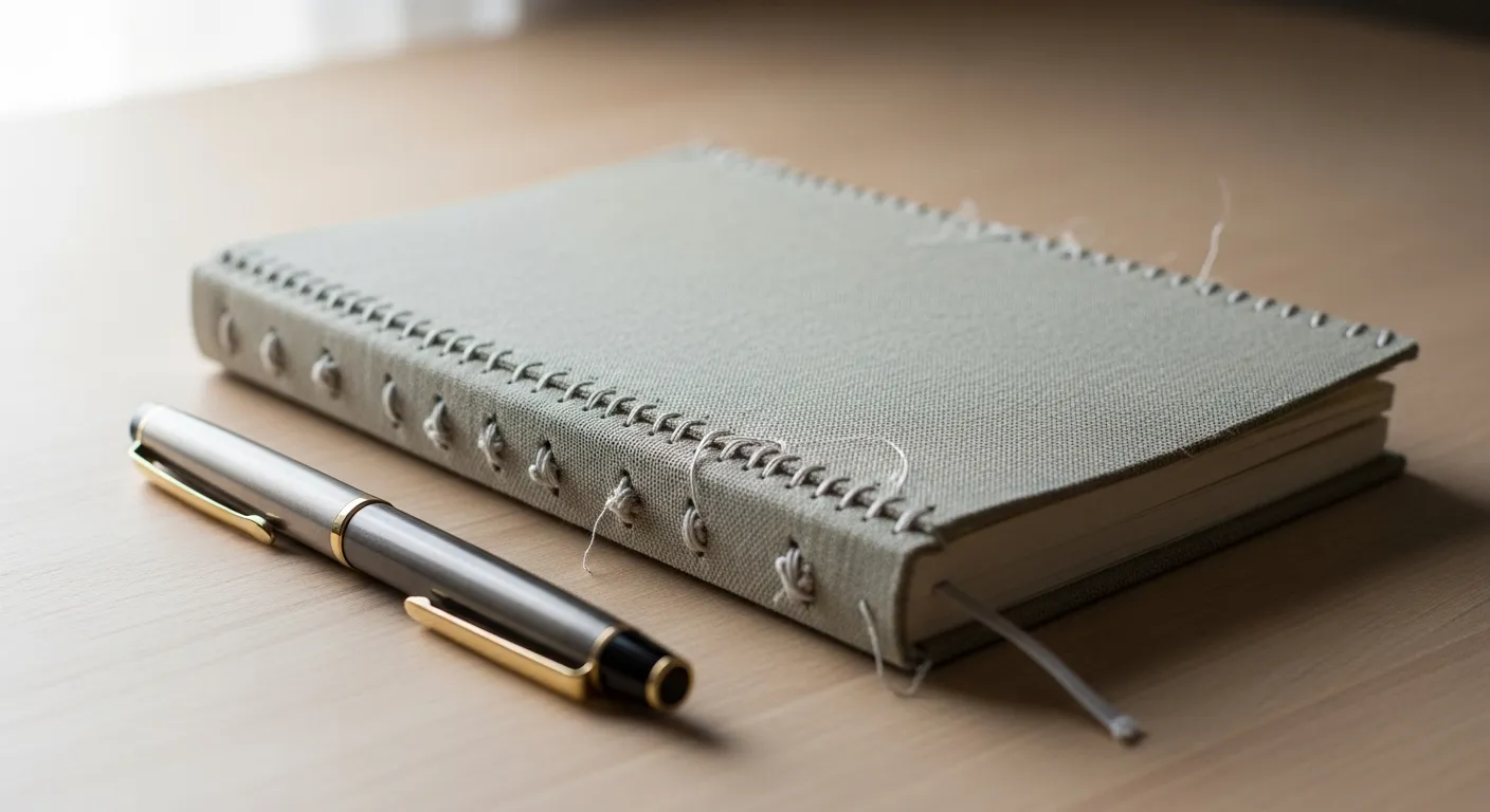 A closed, hand-stitched notebook with slightly irregular binding rests on a clean wooden desk in the morning light.