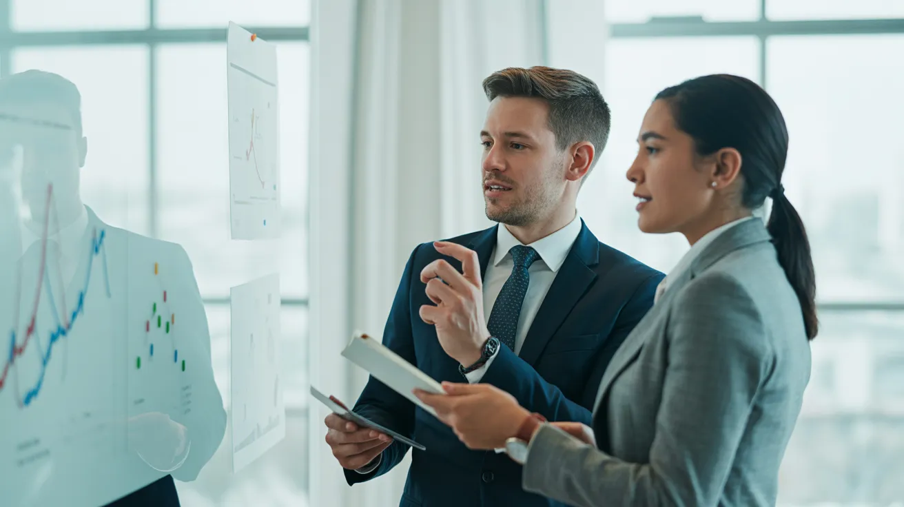 Two diverse colleagues in a contemporary office collaboratively review abstract progress charts drawn on a large glass whiteboard.