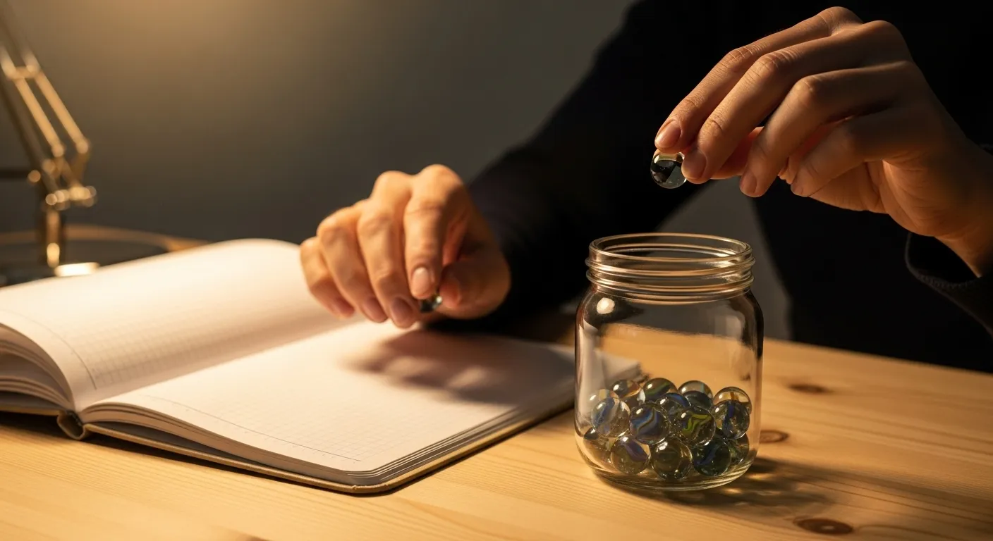 A person adds a marble to a glass jar on a warmly lit desk, a tangible method for tracking daily progress toward a goal.