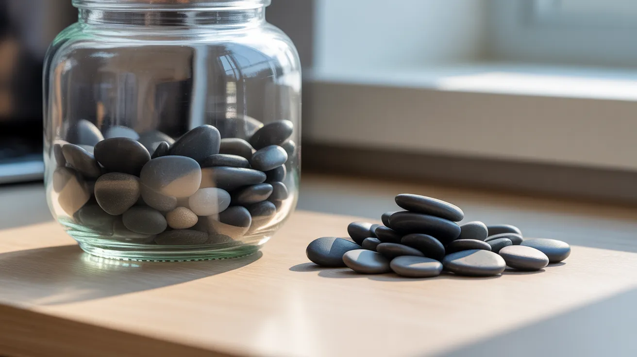 A clear glass jar on a wooden desk contains many dark pebbles, with a few more pebbles sitting next to it, symbolizing habit tracking.