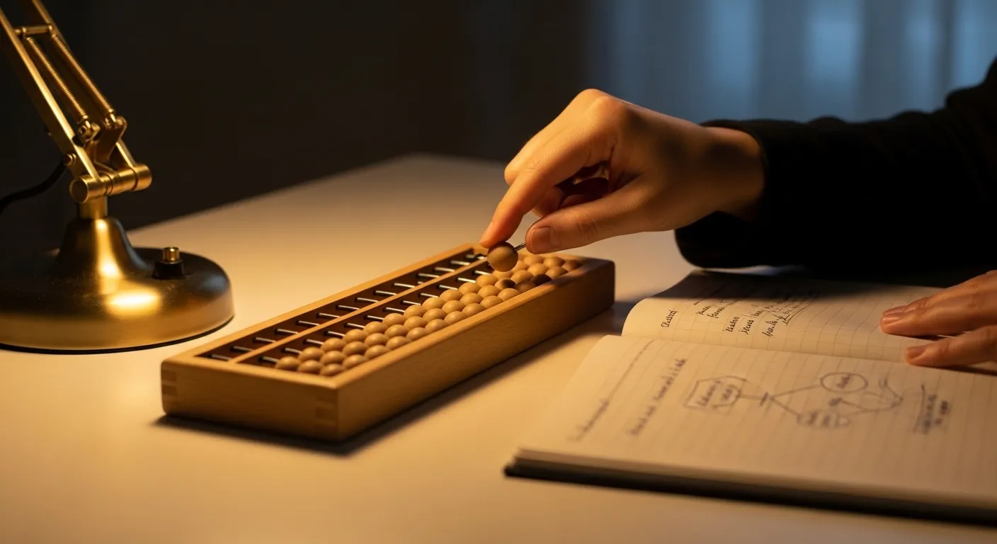 A close-up of a hand moving a bead on a small wooden abacus next to a notebook, under the warm glow of a desk lamp.