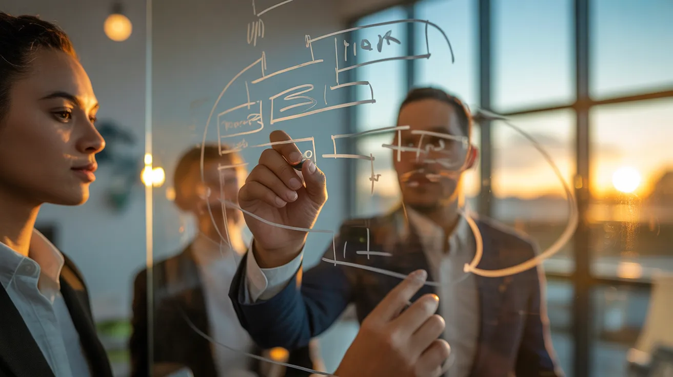 A close view of a person drawing a diagram on a glass whiteboard in a sunlit meeting room during a team brainstorming session.