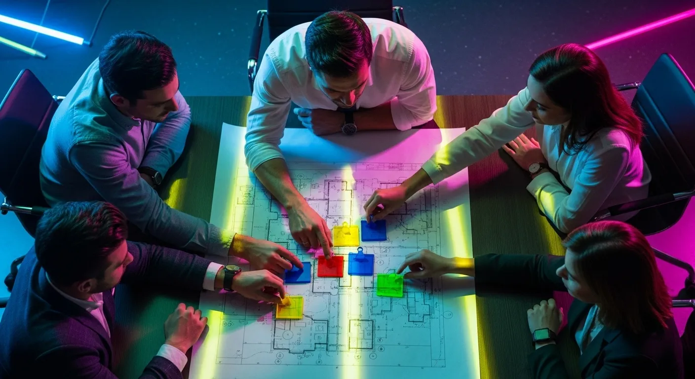 A top-down view of a team's hands organizing colored tokens on a large project grid under vibrant neon lighting in a dark room.