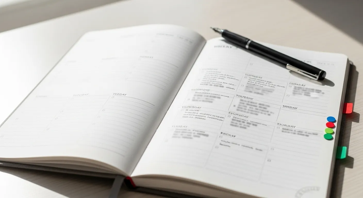 A close-up of a weekly planner with a pen on it, with non-legible markings and colored dots indicating a schedule.