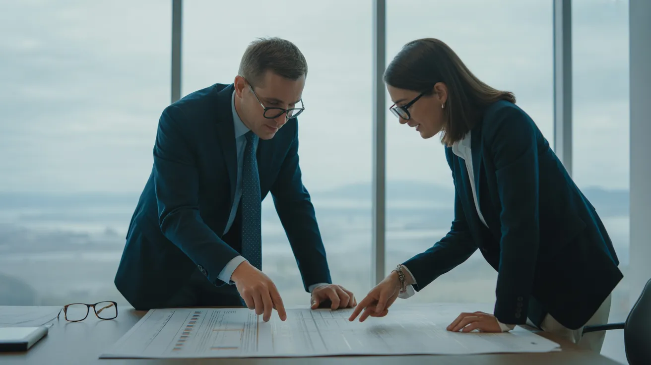 Two diverse colleagues in a modern office actively discuss a project plan spread out on a desk, illuminated by soft overcast light.