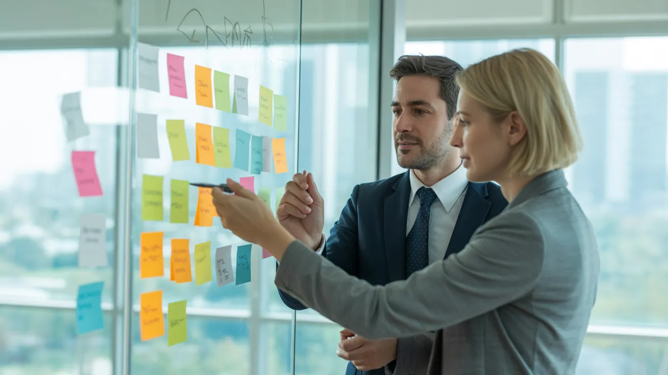 Two colleagues in a contemporary office strategizing in front of a glass board covered with a grid of colorful sticky notes.